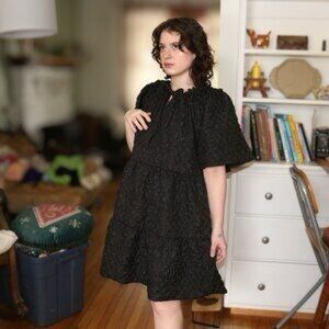 Moon River Black Textured Tiered Dress with Drawstring Neck